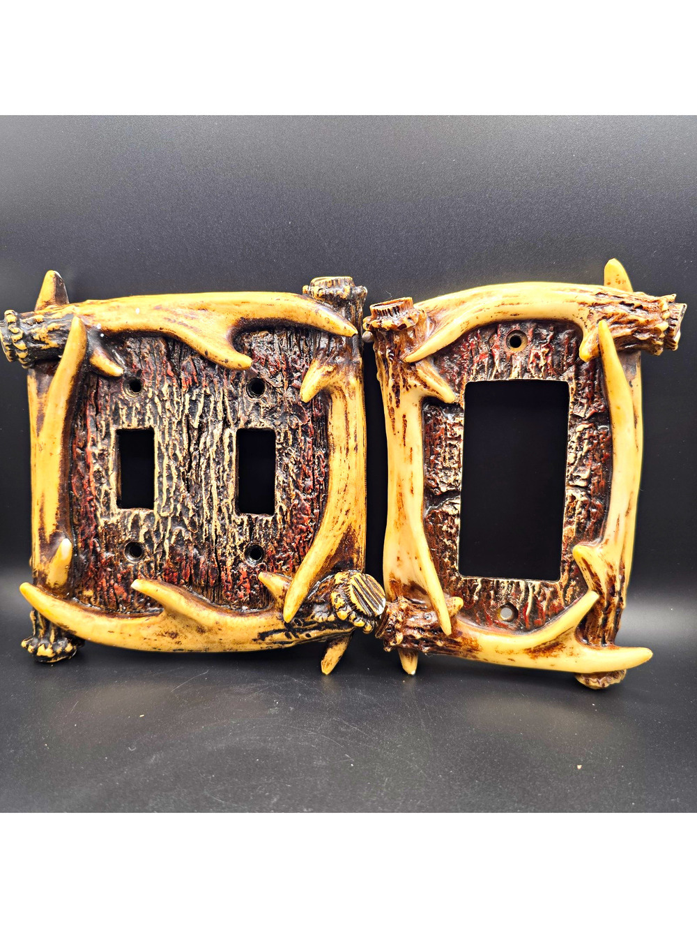 Rustic Antler Style Resin Wall Plate Cover, 1-Gang 2-Toggle, Matte Brown